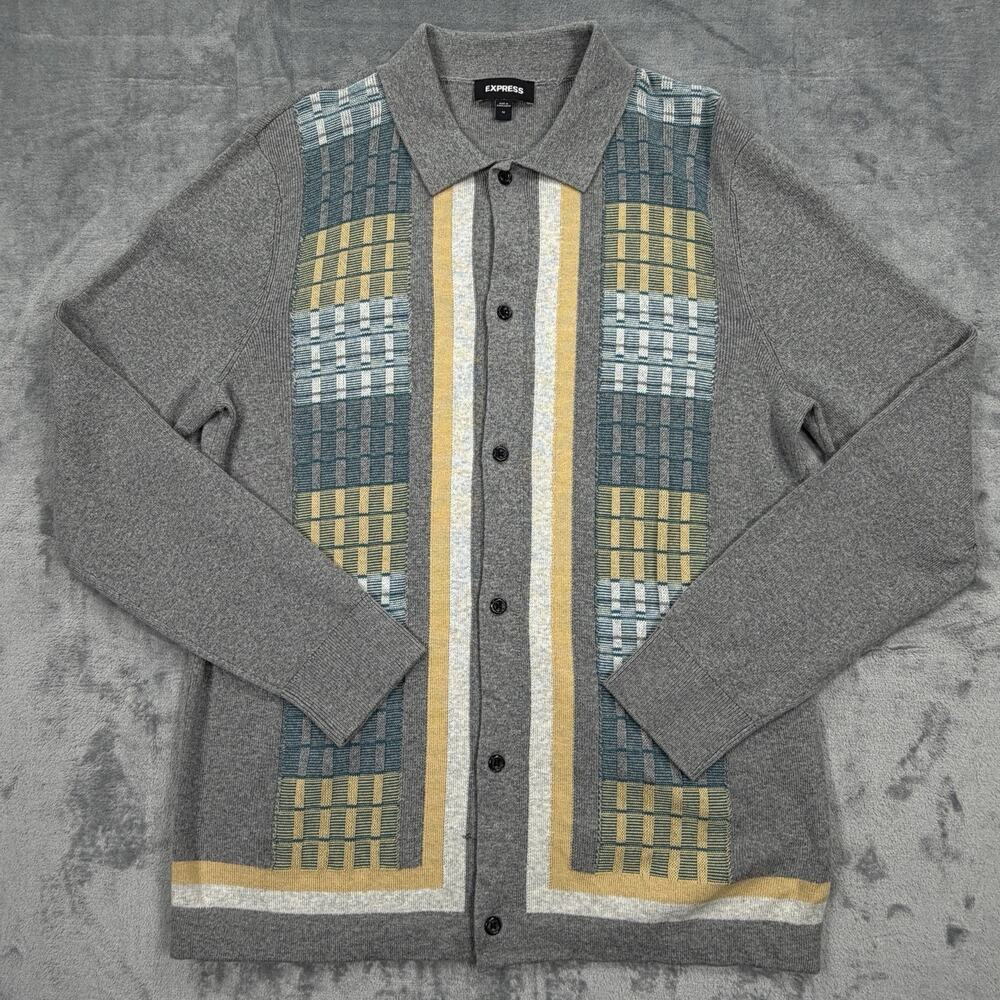 Express Mens Medium Knit Button Up Shirt Gray Geometric Stripe Retro Polo Style